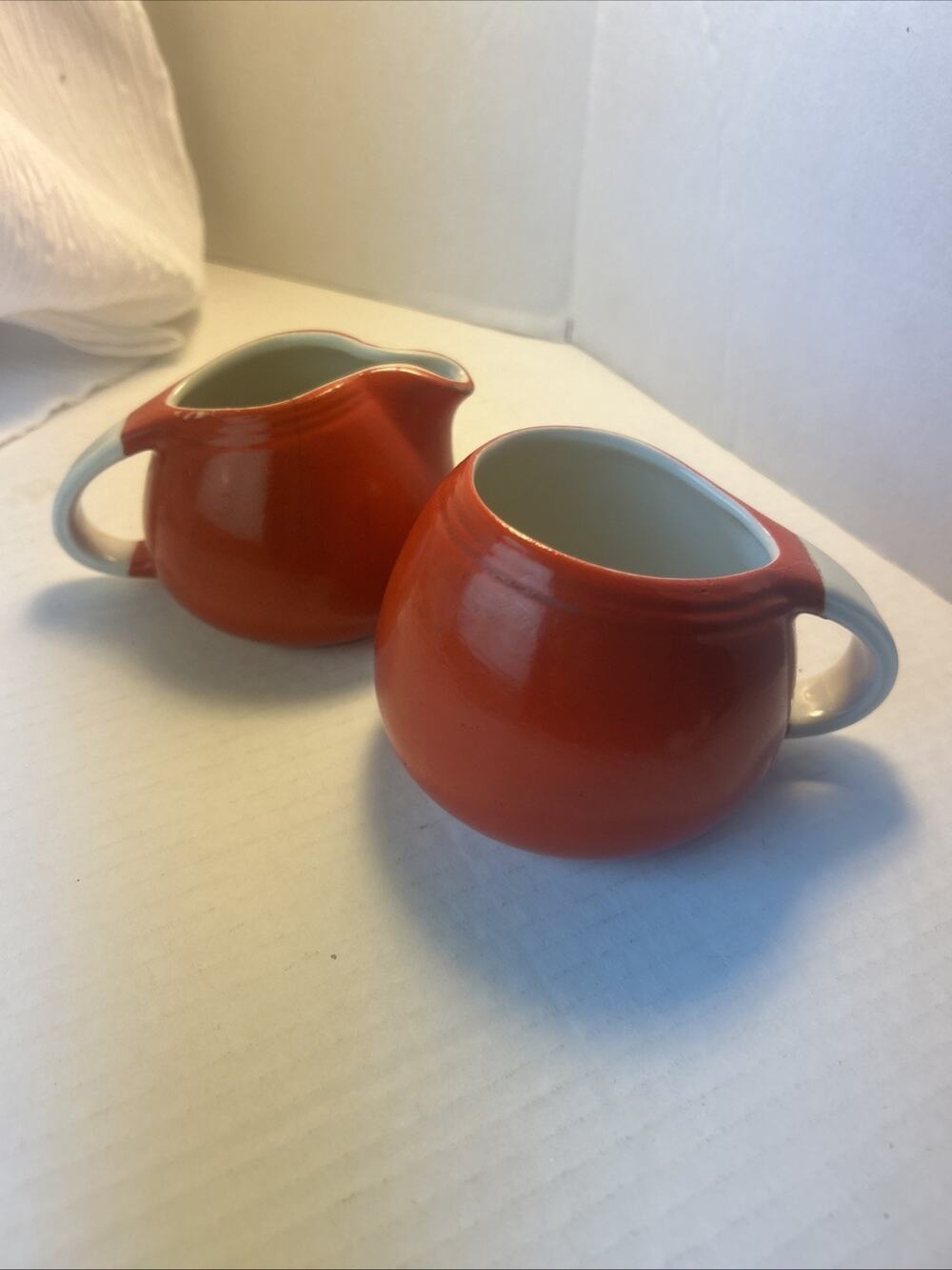 Hall’s Superior Quality Kitchenware Sugar Bowl & Creamer Set Red w/ White Handle